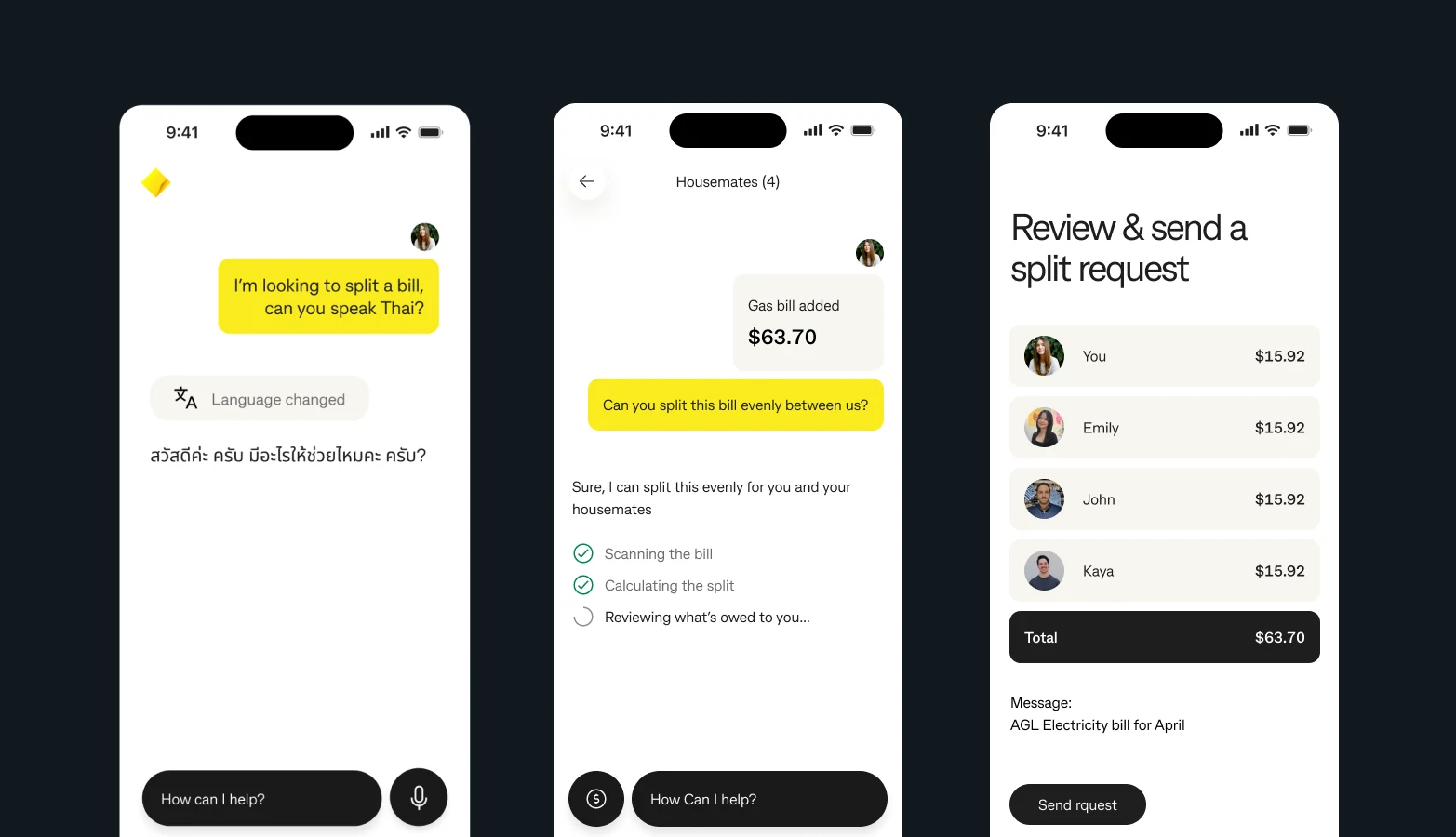 Financial Companion integration screens showing AI-assisted bill splitting and review before sending.